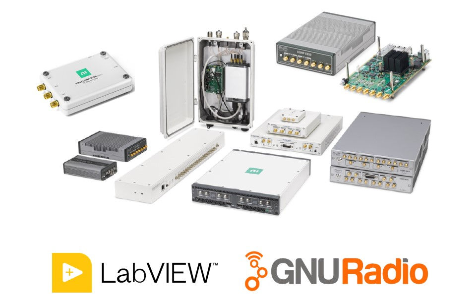 NI USRP hardware, and LabVIEW and GNURadio logos