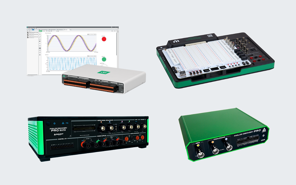 LabVIEW screen, mioDAQ and Digilent tools for teaching labs