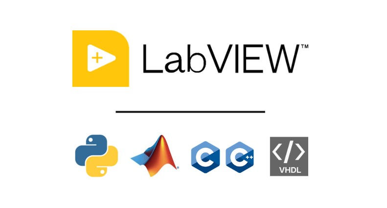 LabVIEW, Python, CC++, and VHDL logos
