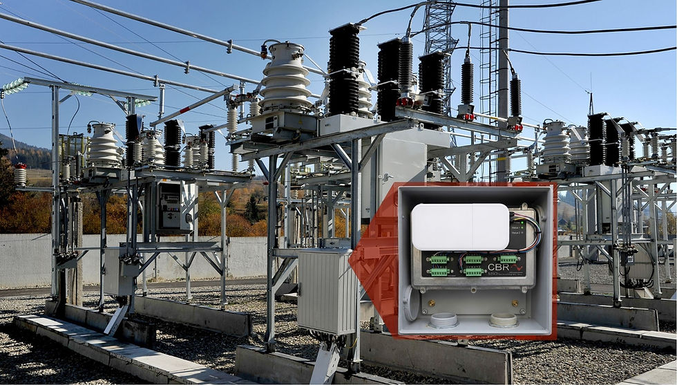 Outdoor electrical substation with control panels and industrial circuit breakers visible.