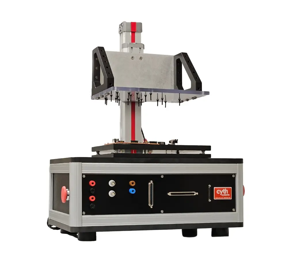 PCBA bed-of-nails tester with pneumatic press for automatically engaging with PCBA test points.